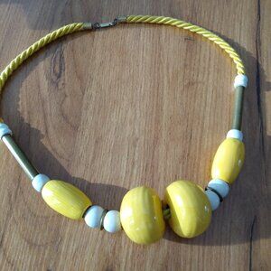 Vintage Yellow Chunky Ceramic Necklace Large Statement Beads Brass Rope